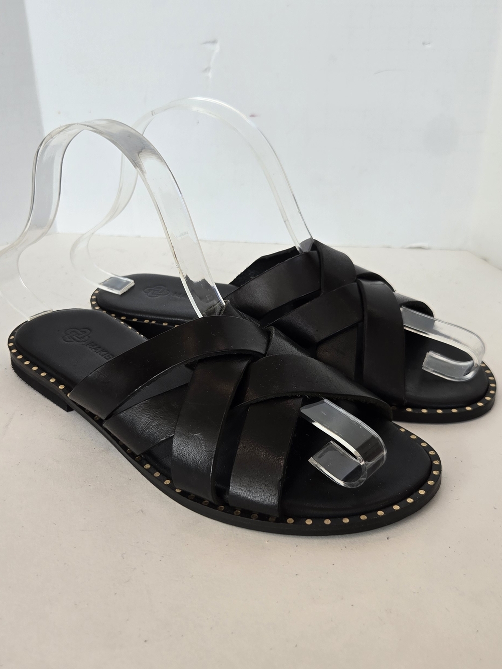 Women’s Black Woven Leather Slide Sandals with Stud-Edge Trim